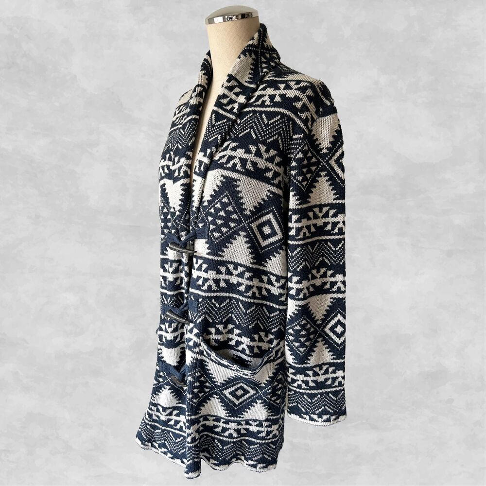 Chaps Southwest Cardigan Sweater Women's L Navy Blue Ivory Shawl Collar Toggle